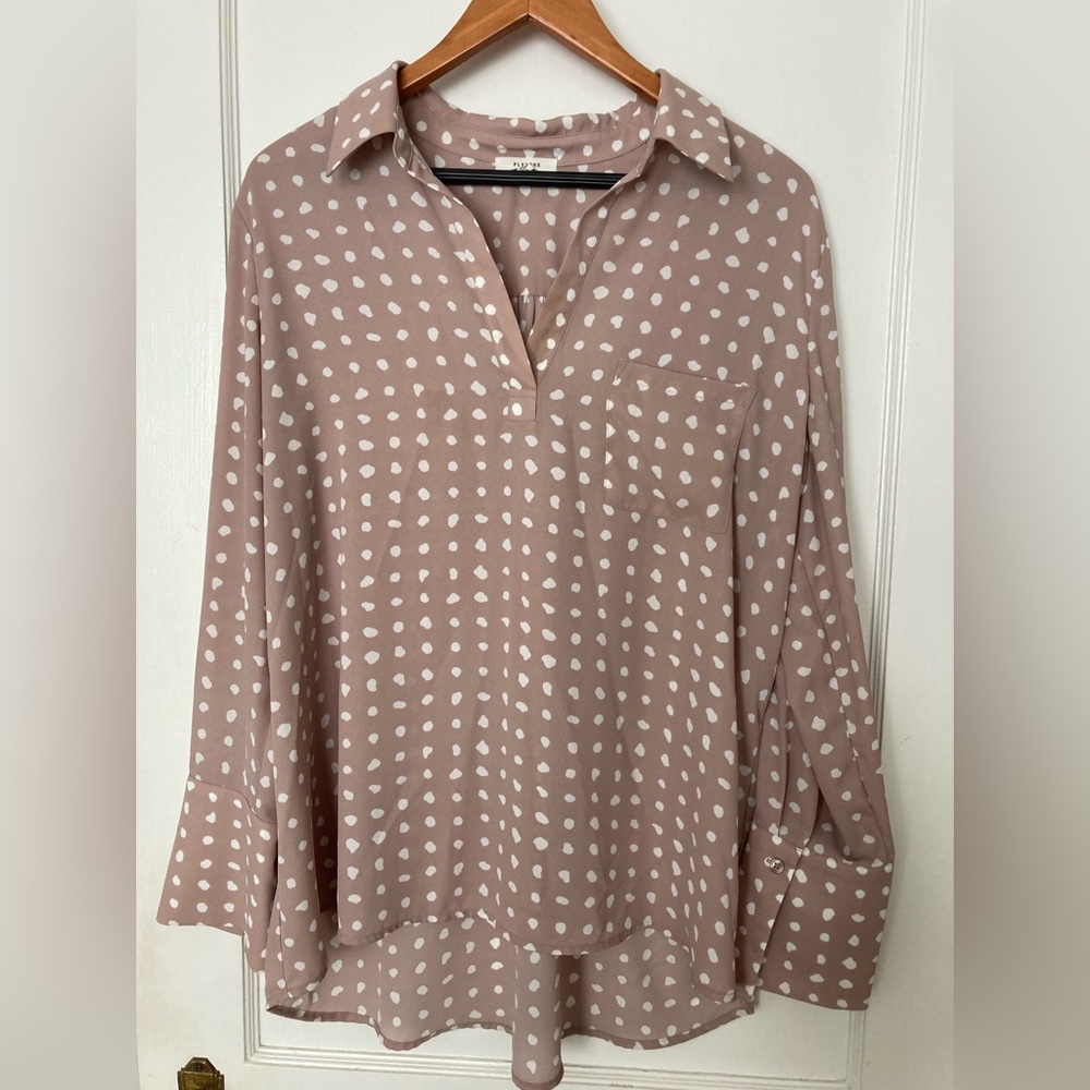 Polka Dot Tunic Blouse with large buttoned cuffs- Blush Pink and creamy white.